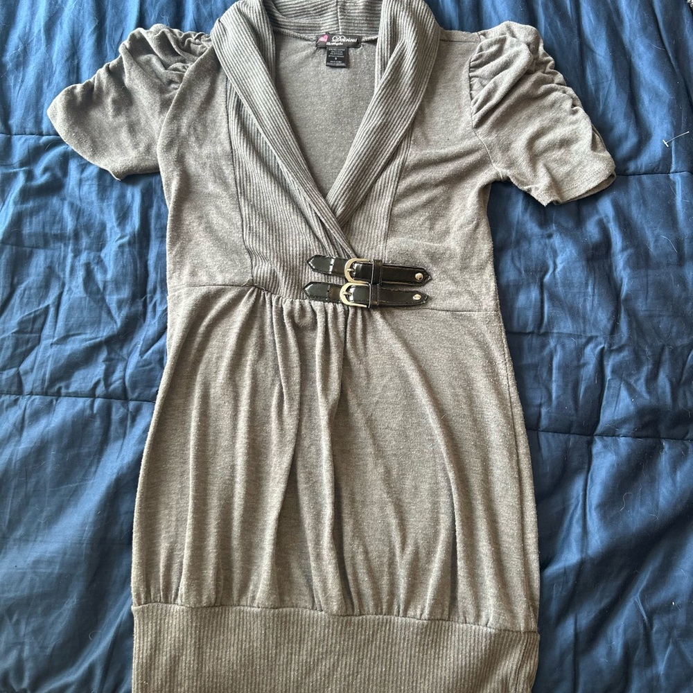 Gray Short Sleeve Dress with Belted Waist